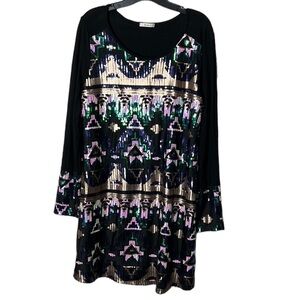 Mon Ami Sequin Black Longsleeve Shift Event Mini Dress. Eras Tour Sz Large